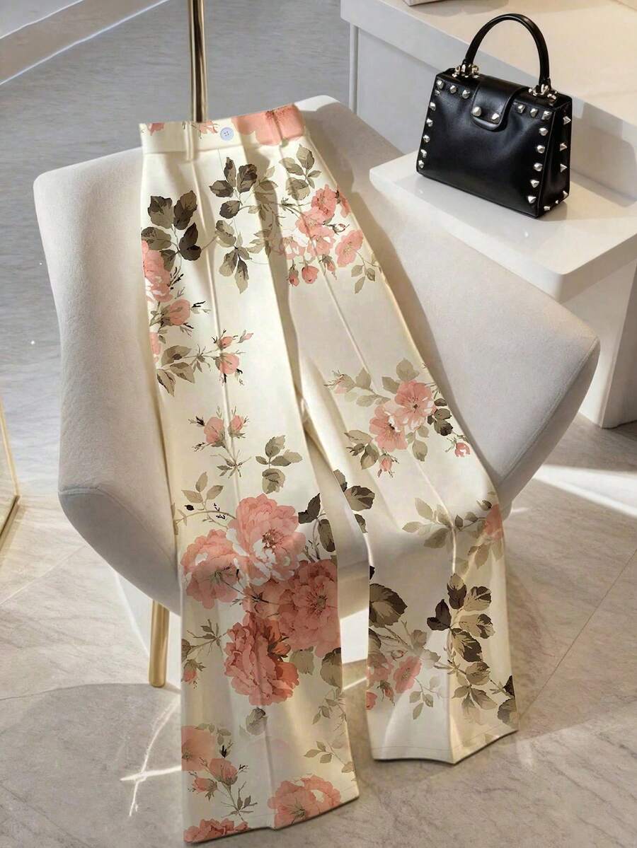 SHEIN CURVE+ Quần ống đứng in hoa cỡ lớn cho nữ, cạp chun co giãn tốt, kiểu dáng tối giản, thích hợp mặc đi làm, đi chơi và mặc hàng ngày - Nhiều màu - Xem 1