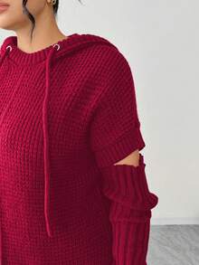 Elenzga 女士休闲宽松连帽长袖加大码毛衣，适合秋冬季外出穿着 - 紅色 - 查看 3