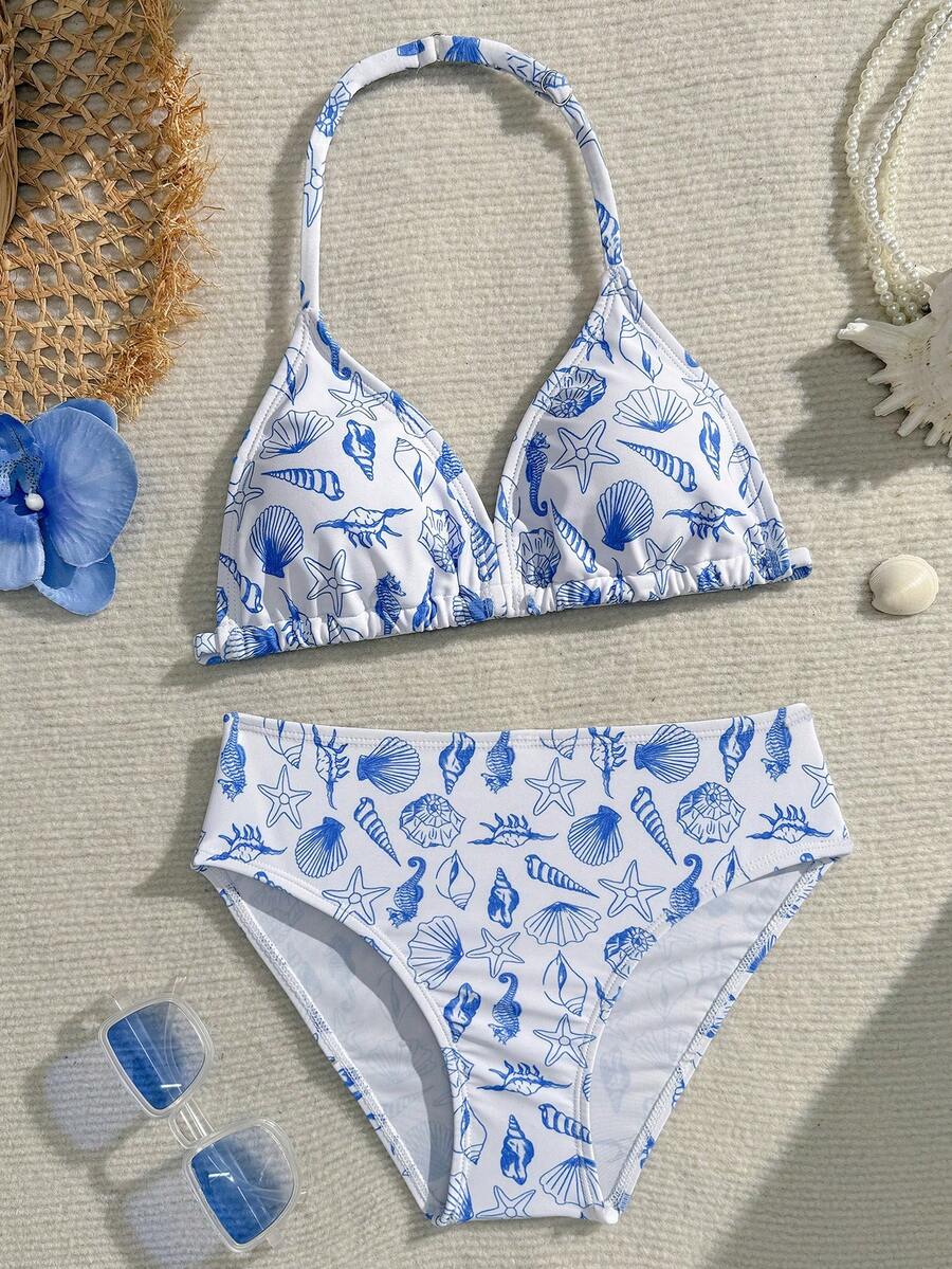 SHEIN 少女两件套比基尼泳衣，可爱针织数码贝壳和海星印花面料，挂脖式设计，时尚欧美优雅淑女风，适合游泳、度假、夏季穿着 - 藍色 - 查看 1