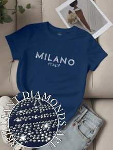 EMERY ROSE 女款标语“MILANO ITALY”印花烫钻装饰圆领短袖 T 恤，女式上衣