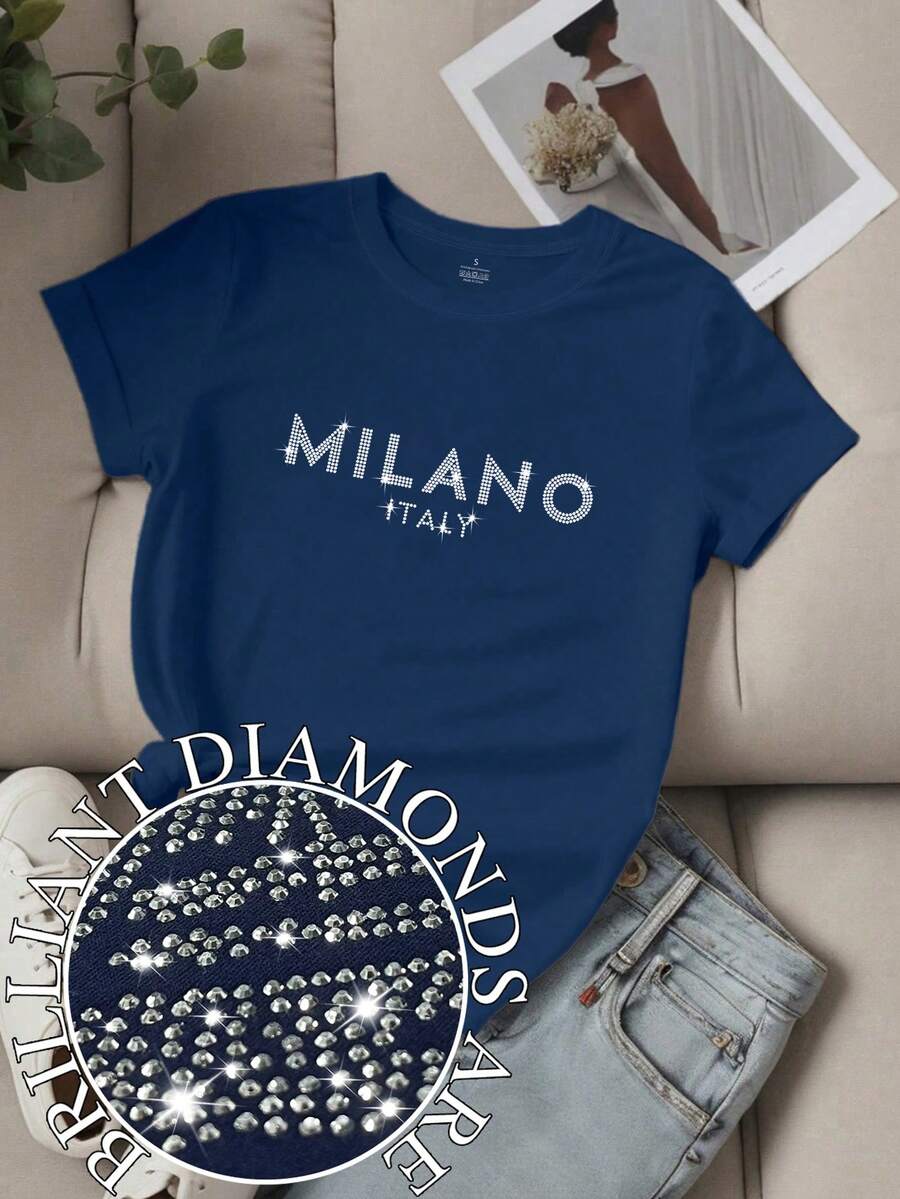 EMERY ROSE 女款标语“MILANO ITALY”印花烫钻装饰圆领短袖 T 恤，女式上衣