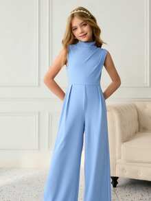 女童优雅连体裤，柔软舒适的针织面料，拉链设计方便穿脱，中腰打折款式，适合日常穿着和派对活动 - 藍色 - 查看 1