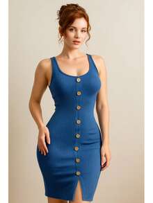 Vestido Sexy Dama Premium Vestido Entallado Vestido Botones Frontales Abertura Elegante Vestido Tirantes Vestido Ajustable Vestido Con Botones - azul - Ver 2