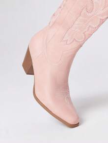 ROMWE Fairycore 女式牛仔靴，粉色户外休闲时尚易穿脱刺绣皮革中筒靴，春秋季 - 粉色 - 查看 3