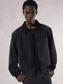 DAZY Áo khoác denim nam mùa thu có cổ nhung xám - Màu xám đen - Xem 8