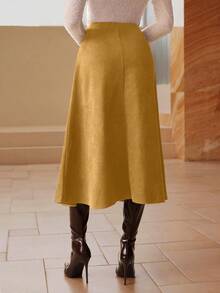 Modelyn Solid Color Faux Suede Flared Elegant Long Skirt For Women - Yellow - View 2