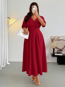 Firerie Elegant Plus Size Burgundy A-Line Dress For Women Flared Long V-Neck With Three Quarter Batwing Sleeves - Burgundy - View 3