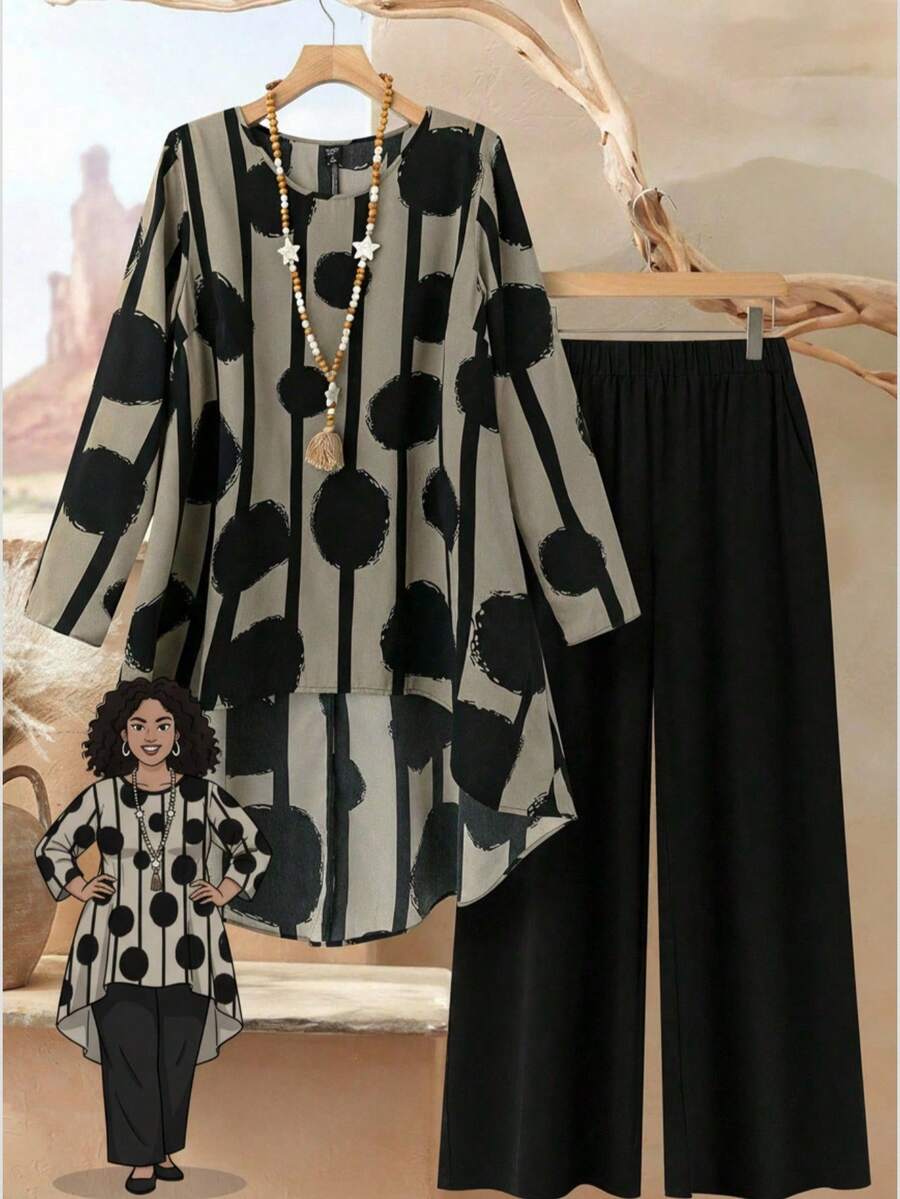 Rusticease Conjunto de 2 piezas de talla grande para mujer con estampado geométrico, cuello redondo, manga larga y bajo asimétrico, top y pantalones, conjunto casual de invierno - Negro - Ver 1
