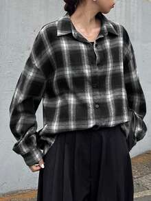 FRIFUL Women's Black & White Plaid Lapel Drop Shoulder Long Sleeve Loose Casual Versatile Shirt, Autumn/Winter - Black - View 3