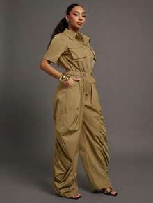 Vixey Bộ đồ liền thân dệt ống rộng có dây rút eo nhún bèo - Màu Khaki - Xem 5