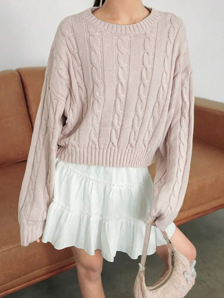 Teen Girls' Casual Drop Shoulder Cable Knit Sweater, Autumn/Winter Spring