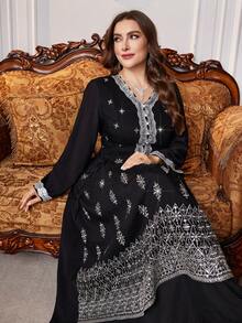 Al Najma Plus Size Women's Turkish Style Long Sleeve Maxi Dress, Beaded Embroidered Tie Waist Floral Lace Trim Arabian Traditional Kaftan - Black - View 5