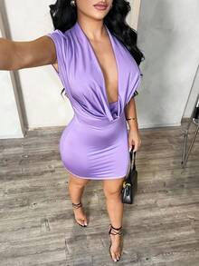 SHEIN SXY 大码女式优雅性感日常百搭紫色深V领露背修身迷你连衣裙，夏季紫色连衣裙，女士深V领低胸连衣裙 - 紫色 - 查看 3