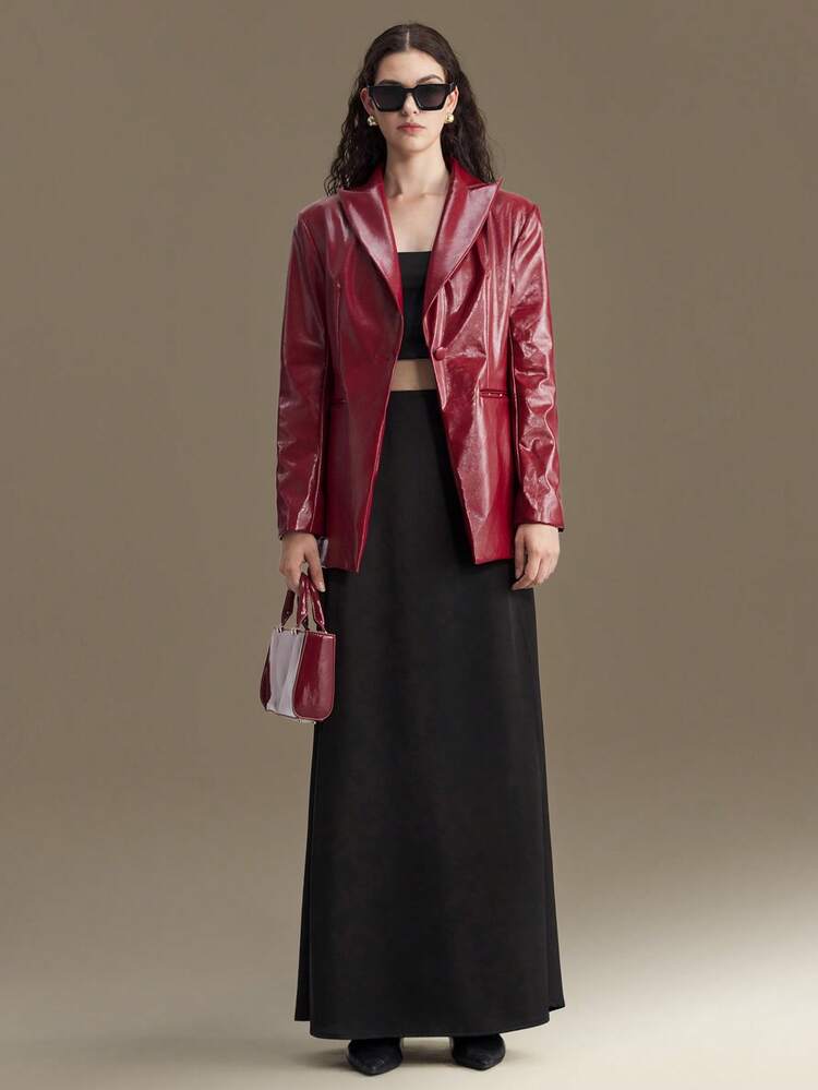 Women's Burgundy PU Textured Fabric Suit With Lapel Design, Long Sleeve, Slightly Waisted, Business Casual Office Wear, Low-Key Elegant Commuter High-Quality Airport Fashion, High-End Material, High-Sense, Chic Cruise Modern Urban Casual Fashion Business Casual Women's Office Wear Low-Key Old Money Style Effortless Temperament High-End Urban Commuting High-Quality Airport Women's Wear High-End Material High-End, Elegant, Old-Fashioned Cruise Attire For Wedding Guests