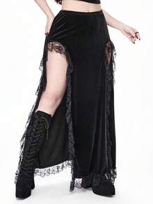 ROMWE Váy xòe cao xếp ly ren và nhung Gothic cỡ lớn cho nữ - màu đen - Xem 13