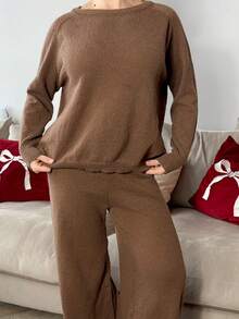 Bethéva Sweter damski w jednolitym kolorze z okrągłym dekoltem, rękawami typu raglan i długimi rękawami oraz ściągaczem w pasie, dzianinowe spodnie w stylu casual - Wielbłąd - Zobacz 3