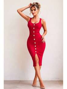 Vestido Sexy Dama Premium Vestido Entallado Vestido Botones Frontales Abertura Elegante Vestido Tirantes Vestido Ajustable Vestido Con Botones - rojo - Ver 2