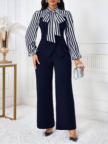 SHEIN Lady Bộ đồ thường ngày cho nữ, áo sơ mi tay loe kẻ sọc cổ bẻ và quần ống rộng - Màu xanh hải quân - Xem 3