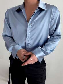 DAZY Áo sơ mi vải chéo satin họa tiết dành cho nam, mùa thu - Màu xanh lam - Xem 5