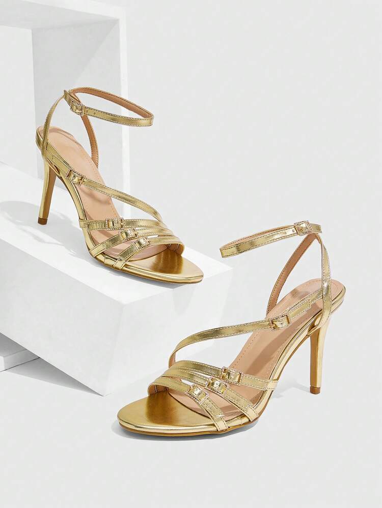 CUCCOO SZL Fashionable European & American Style Gold Single Strap Buckle Decor Peep Toe Thin Heel High Heel Sandals