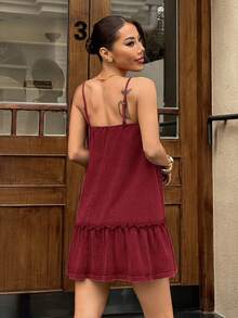 SHEIN EZwear 女士休闲纯色荷叶边迷你吊带连衣裙，夏季 - 酒紅色 - 查看 2