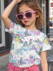 My Little Pony X SHEIN Young Girl Cute Cartoon Rainbow & Butterfly Print Short Sleeve T-Shirt, Casual Daily Commute & Holiday Style - White - View 5