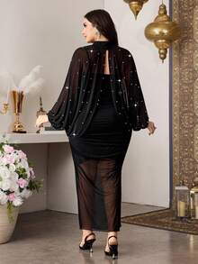 Modelyn 大码时尚网纱珍珠装饰长袖外套，修身优雅弹力两件套 - 黑色 - 查看 3