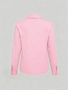 EMERY ROSE 女士休闲长袖纯色单排扣衬衫 粉色衬衫 女士衬衫 优雅商务休闲女衬衫 女士粉色纽扣衬衫 - 淺粉色 - 查看 2