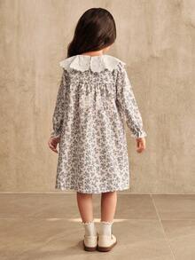 SHEIN Elladie kids 1pc Girls Young Girl Ditsy Floral Loose Fit Long Sleeve Dress, Elegant Collar Flower Design, Casual Versatile Dress For Autumn Fall Winter - Apricot - View 2