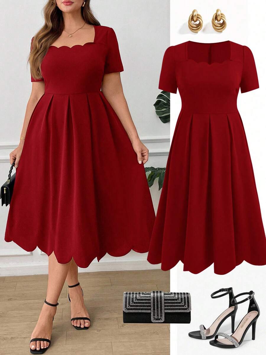 Ellevyn Plus Size Elegant Women Dress With Square Neckline And Shell Trim, Solid Color - Red - View 1