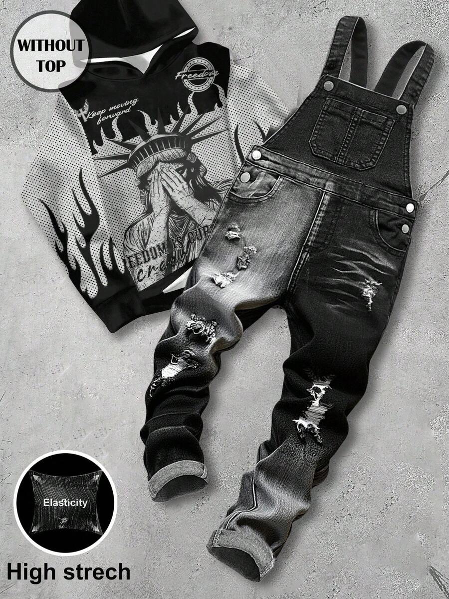 Young Boy Urban Street Cool Distressed Vintage Washed Black Denim Elastic Skinny Bib Jumpsuit Overalls Pants Fall Winter Spring Summer,For Boys Fall/Winter Dailywear Outfits,Boys Streetwear Outfits,Boys Christmas Outfits,Boys New Year Outfit,Thanksgiving Outfit For Boys,Stylish Clothing Collection,Winter Jeans,Toddler Jeans,Warm Jeans,Summer Jeans,Black Jeans For Baby,Casual Outfits For Boys,Embroidered Jeans,2000s Outfits For Boys - Black - View 1