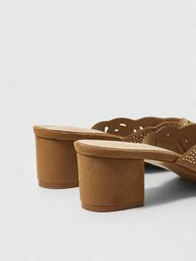 Sleekvia 女士水钻镂空设计时尚日常百搭高跟凉鞋 - 杏色 - 查看 9