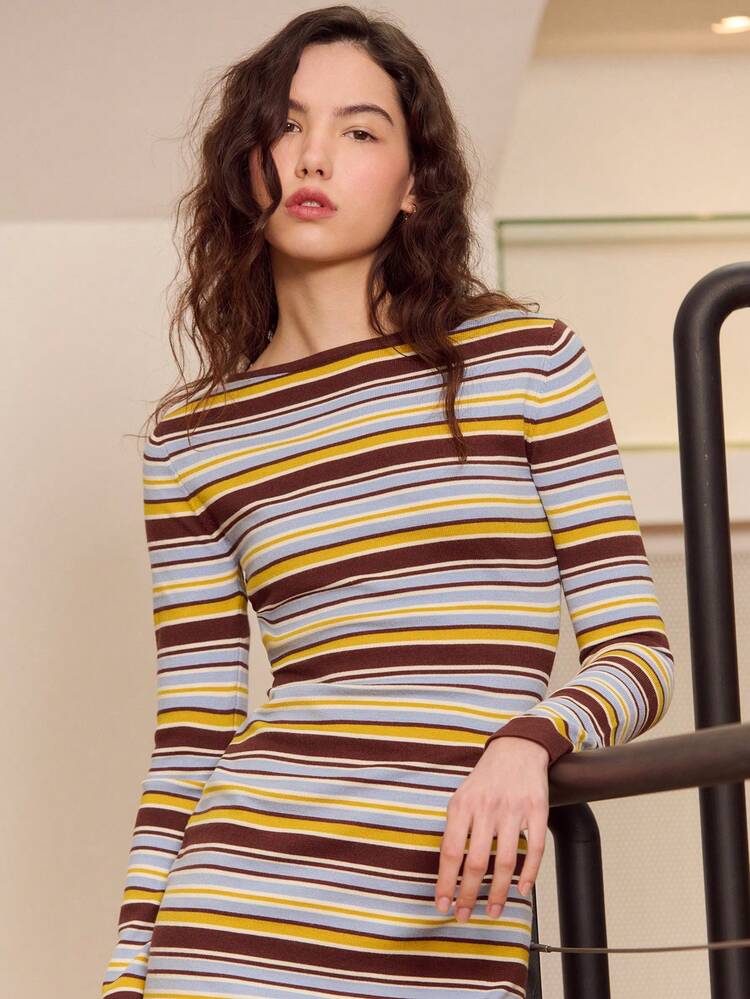 Chocolate Brown Butter Yellow And Sky Blue Striped Soft Knit Long Sleeve Mini Dress With Boat Neck Cute Spring Dress Going Out Dress