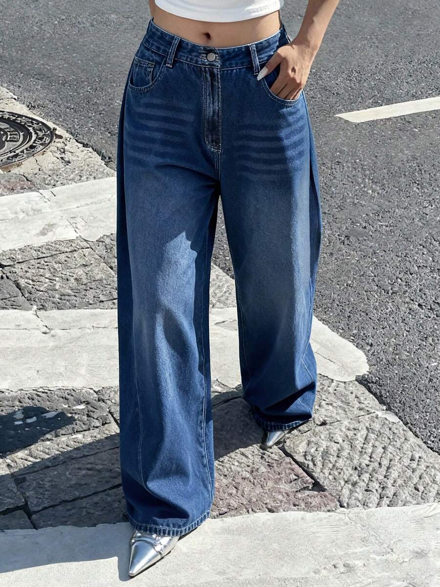 DAZY Quần jeans nữ ống rộng dáng suông có túi, phong cách thường ngày đa năng Y2K - Rửa tối - Xem 1