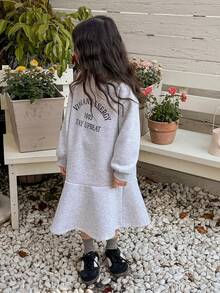 DAZY 女童圆领保暖内衬休闲韩版字母印花长袖连衣裙，秋冬款 - 灰色 - 查看 1