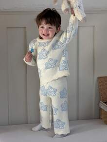 DAZY 男婴舒适印花长袖上衣和裤子睡衣套装（2件套），秋冬春季 - 米色 - 查看 7