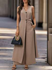 女士V领无袖长款开衫衬衫，卡其色长裤，优雅日常休闲通勤早春两件套 - 卡其色 - 查看 8