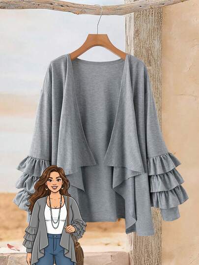 EMERY ROSE 大码女式纯色拼接荷叶边长袖开襟时尚灰色外套，适合夏季休闲穿着
