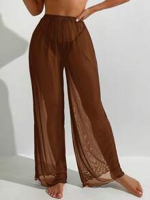 Swim Basics 女士纯色弹力腰阔腿罩裤 - 咖啡棕 - 查看 5