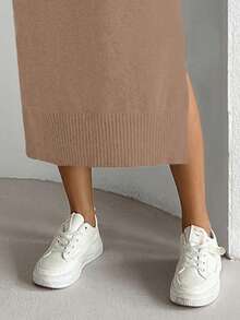 Elenzga Plus Size Women Solid Color Round Neck Sweater Dress - Khaki - View 4