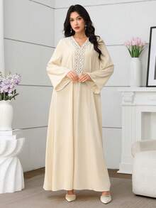 Al Najma 优雅刺绣长袖土耳其和阿拉伯传统女式长裙 - 黃色 - 查看 4