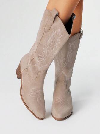 Goth Botas occidentales con punta puntiaguda, bordado y tacón ancho color albaricoque para mujer, nueva colección primavera/otoño