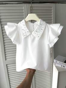 SHEIN 青少年女孩純色仿珍珠裝飾翻領荷葉邊短袖襯衫 - 白色 - 查看 5