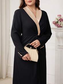 Modelyn 大码女式V领长袖褶皱优雅连衣裙 - 黑色 - 查看 4