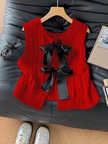 Elamini Women's Elegant Fashion Versatile Round Neck Twist Rope Braided Bow Tie Knitted Sweater Vest, Spring/Summer - Red - View 4