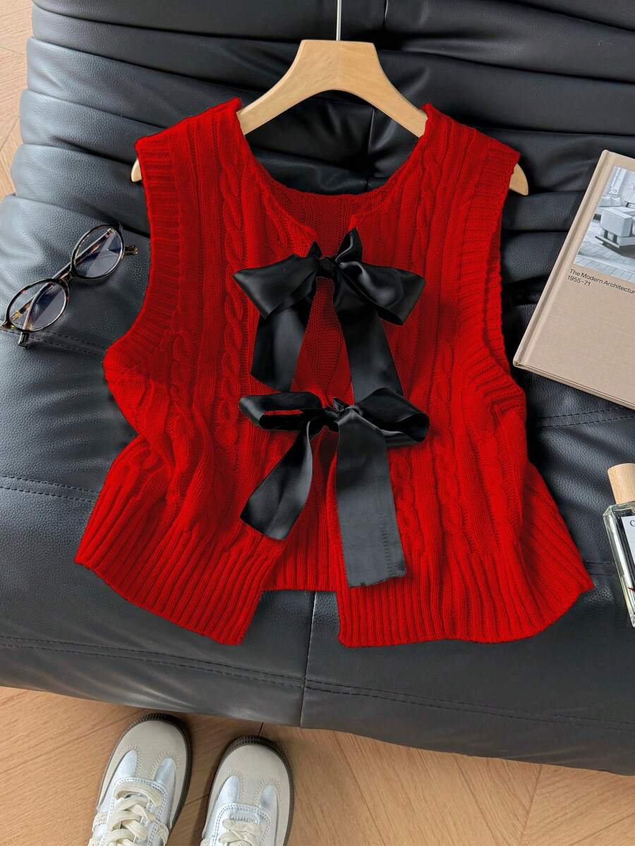 Elamini Women's Elegant Fashion Versatile Round Neck Twist Rope Braided Bow Tie Knitted Sweater Vest, Spring/Summer - Red - View 1