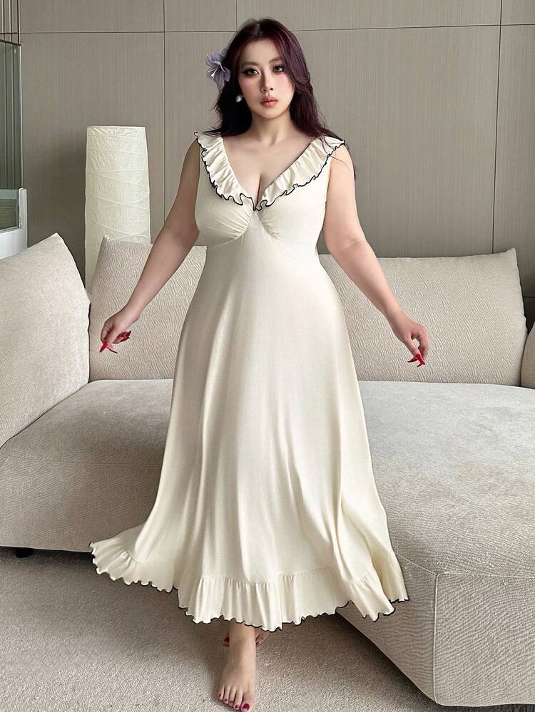 Dazy Plus Elegant Ruffled V-Neck Wrap Long Nightgown Sleepwear