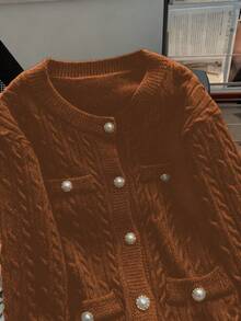 GlowEve CURVE Women's Casual French Style Loose Fit Long Sleeve Cardigan Sweater, Plus Size, Suitable For Outings And Wedding Guests, Autumn/Winter - Coffee Brown - View 5