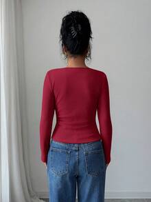 SHEIN Elenzya Burgundy Red Autumn Elegent Women's Solid Fleece Ribbed Oblique Collar Ruched Metal Button Long Sleeve T-Shirt,Slim Fit Casual Top For Dates & Office - Burgundy - View 2