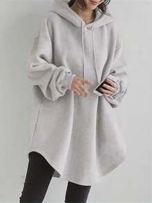 EMERY ROSE Plus Size Women's Solid Color Drop Shoulder Long Sleeve Casual Loose Drawstring Hooded Sweatshirt